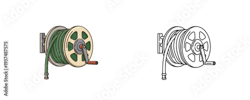 Garden hose reel cartoon illustration in green and beige colors with a manual crank handle on a clean white background, shown in both colored and line art styles for gardening