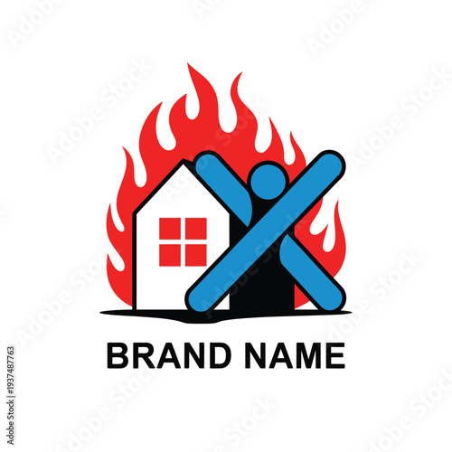Burning house with blue X, red flames, and white building, symbol of emergency or warning service