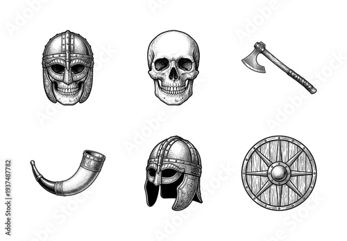 Vintage viking warrior elements collection featuring engraved skulls, ornate helmets, bearded axe, wooden shield, and drinking horn on white