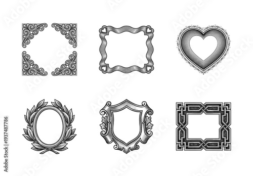 Collection of vintage black and white engraved frames featuring baroque scrolls, heraldic shield, laurel wreath, heart, and celtic knot borders