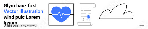 Healthcare, legal certification, data storage, digital security, medical records, cloud system. A blue heart with an ECG line, a certified document and a cloud icon. Healthcare and legal