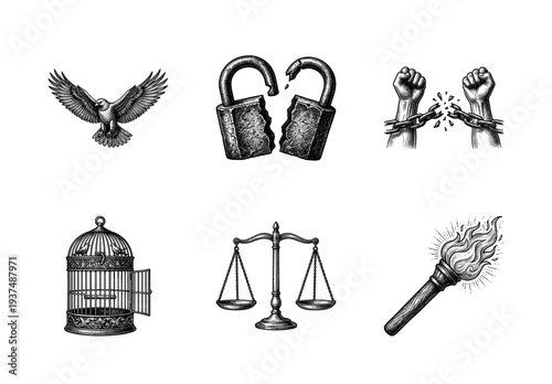 Vintage woodcut style collection of freedom and justice symbols featuring soaring eagle broken padlock shackled hands open cage scales of justice and flaming torch