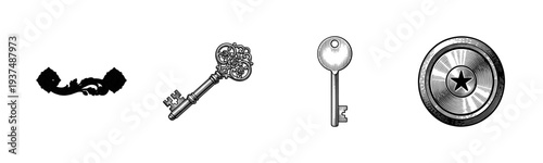 Collection of vintage architectural hardware and keys featuring ornate flourishes and etched metal textures in a classic woodcut engraving style.