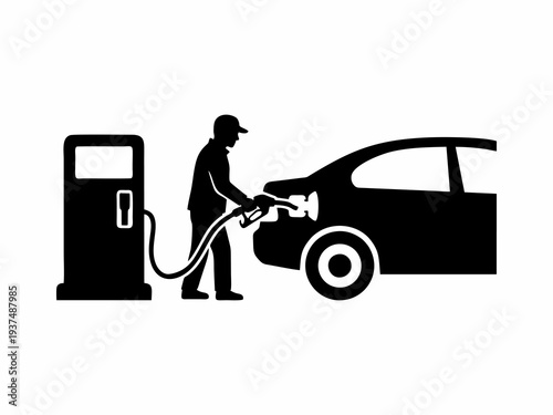 Gas Station Attendant Refueling Car Silhouette Illustration