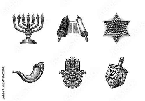 Vintage engraving style collection of traditional Jewish symbols including menorah, torah scroll, star of david, shofar, hamsa, and dreidel.