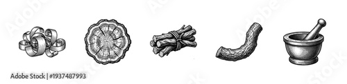 Vintage engraving collection of sandalwood elements featuring wood shavings, cross section, tied bundles, root piece, and a mortar and pestle.