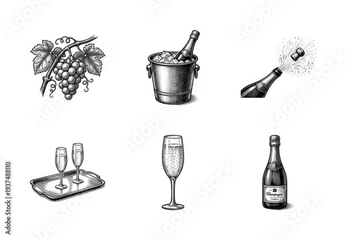 Champagne and viticulture collection featuring sparkling wine bottles, chilled ice bucket, popping cork, flutes on tray, and grape clusters in vintage woodcut style.