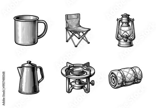 Vintage engraving style camping equipment set featuring a mug, folding chair, lantern, coffee percolator, portable stove, and rolled sleeping bag