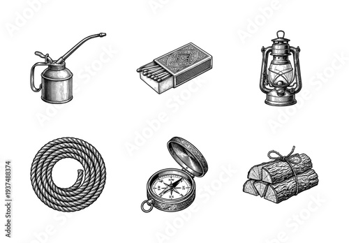Vintage survival and camping equipment set featuring hand drawn engraving style illustrations of lantern compass matches and tools