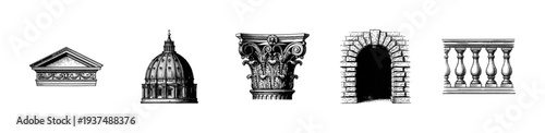 Collection of classical architectural elements featuring pediment dome corinthian capital stone arch and balustrade in vintage engraving style