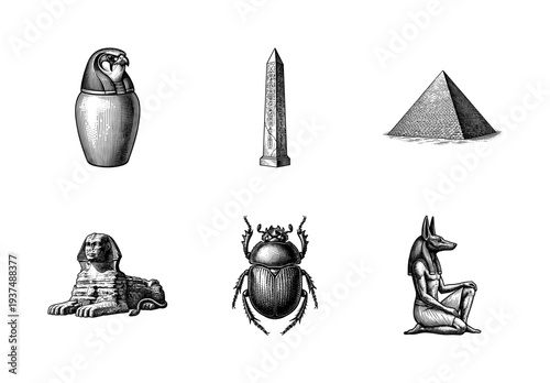 Set of ancient Egyptian symbols including canopic jar obelisk pyramid sphinx scarab beetle and anubis god in vintage engraving style