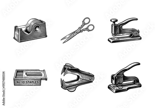 Vintage engraving style office supply collection featuring tape dispenser, scissors, stapler, staples, remover, and hole puncher illustrations on white.