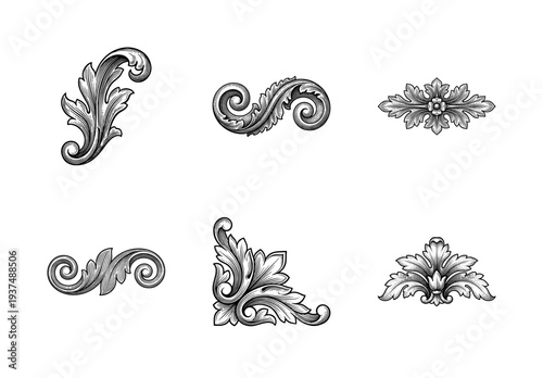 Set of vintage acanthus leaf ornaments and baroque floral scroll elements in classic engraved woodcut style