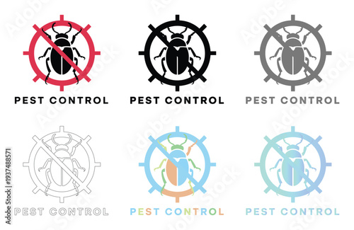 Pest control service logos with bug icons and crossed out symbols in various colors and styles