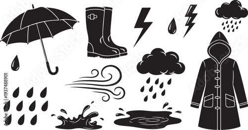 Rainy Day Weather Icons and Symbols in Black White