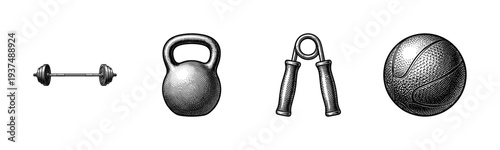 Vintage engraving style fitness equipment collection featuring barbell kettlebell hand gripper and medicine ball for weightlifting and strength training