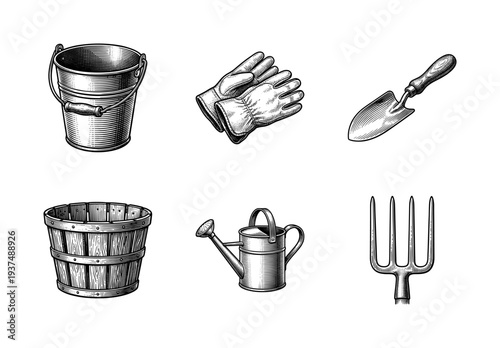 Vintage engraving style gardening tool collection featuring a metal bucket, work gloves, hand trowel, wooden planter, watering can, and pitchfork head.
