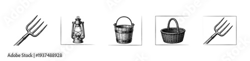 Vintage farm tool collection featuring hand drawn sketches of a pitchfork lantern wooden bucket and wicker basket in a rustic woodcut style.