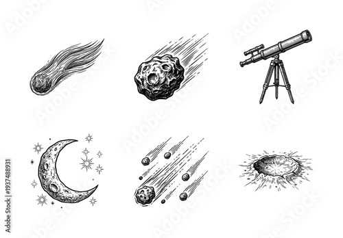 Vintage hand drawn astronomy collection featuring comet, meteorites, telescope, crescent moon, and crater in a classic woodcut etching style