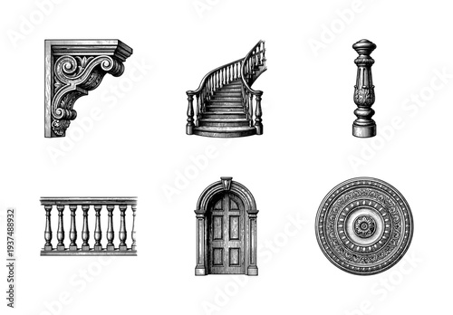 Vintage architectural design elements collection featuring ornate engravings of a corbel, spiral staircase, baluster, railing, arched door, and ceiling medallion.