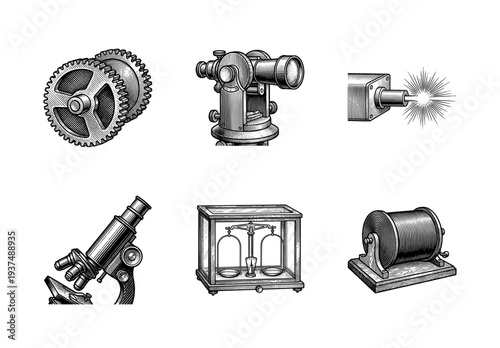 Vintage engraving style collection of scientific instruments and mechanical components featuring microscope scale theodolite and gears