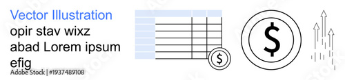 Financial analysis, income growth, economic trends, investment, budgeting, revenue planning. Table, dollar symbol and upward arrows. Financial analysis and income growth concepts
