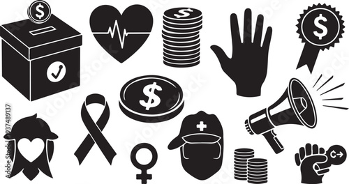 Black and white icons for charity and donation concepts