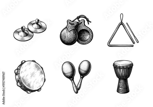 Vintage engraving style collection of percussion musical instruments including djembe drum, tambourine, maracas, triangle, castanets, and finger cymbals