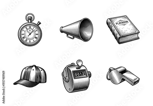 Vintage engraving style collection of sports coaching and refereeing equipment icons including stopwatch, megaphone, playbook, cap, counter, and whistle.
