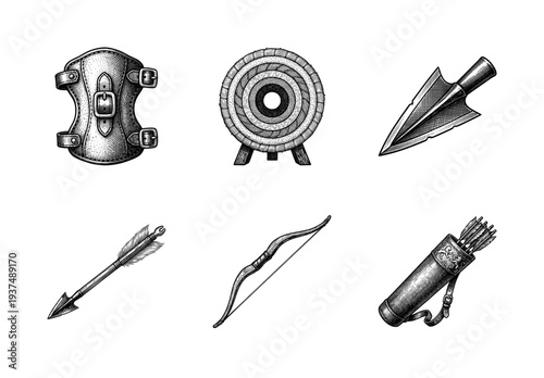 Vintage engraving style archery set featuring bow, arrow, quiver, target, arm guard, and broadhead point isolated on white.