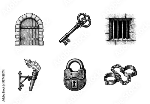 Medieval dungeon and prison equipment set in vintage woodcut engraving style