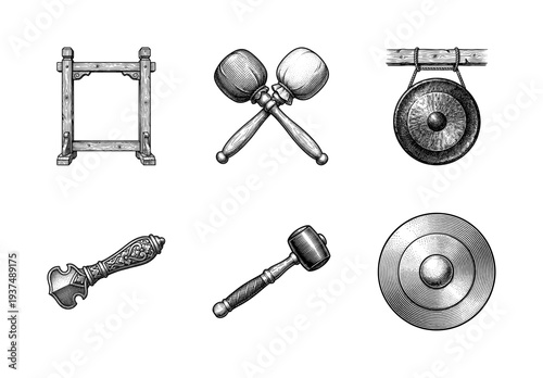 Set of vintage engraving illustrations featuring traditional gongs, mallets, and musical instrument accessories in a detailed hand drawn woodcut style