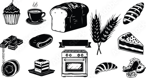 Bakery items and food illustrations in black and white