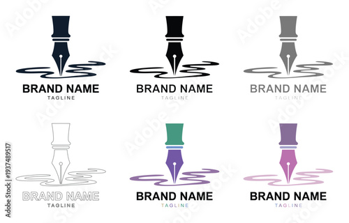 Colorful Fountain Pen Logos Collection with Brand Name and Tagline for Business Identity