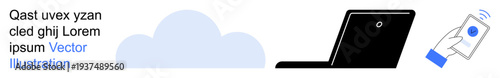Cloud technology, remote work, data synchronization, file sharing, wireless connection, tech devices. Laptop alongside a smartphone indicating cloud data transfer. Cloud technology and remote work