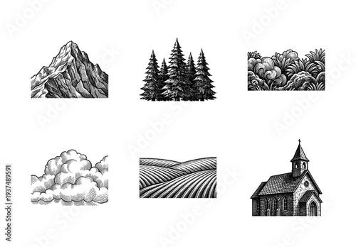 Vintage engraving style landscape collection featuring mountains, pine forest, clouds, rolling farm fields, and a rustic stone church