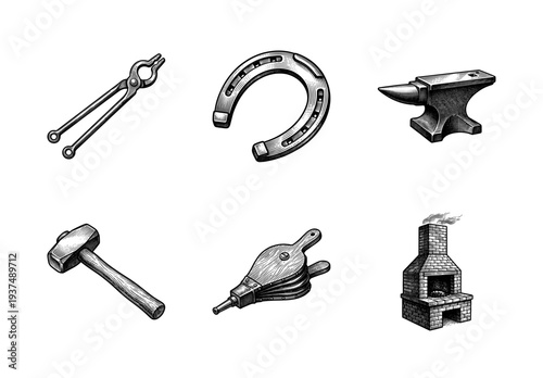 Vintage engraving style blacksmithing tool collection featuring anvil tongs hammer bellows horseshoe and brick forge on a white background