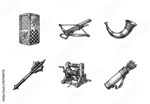 Medieval fantasy equipment and weaponry collection featuring engraved illustrations of a shield, crossbow, war horn, mace, winch, and arrow quiver