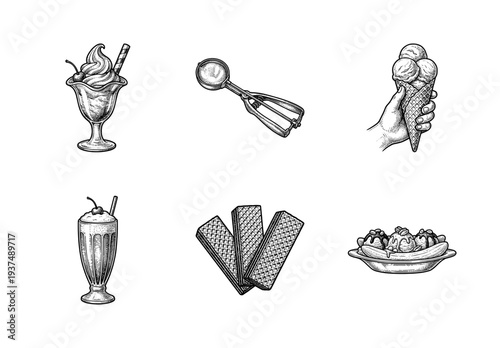 Vintage engraving style ice cream dessert set featuring a sundae, milkshake, banana split, scoop, wafer cookies, and hand holding a waffle cone.