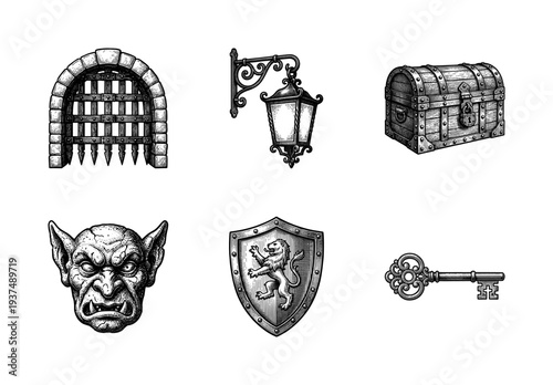 Medieval fantasy adventure icons collection featuring gothic woodcut style illustrations of dungeon elements, mythical creatures, and ancient artifacts