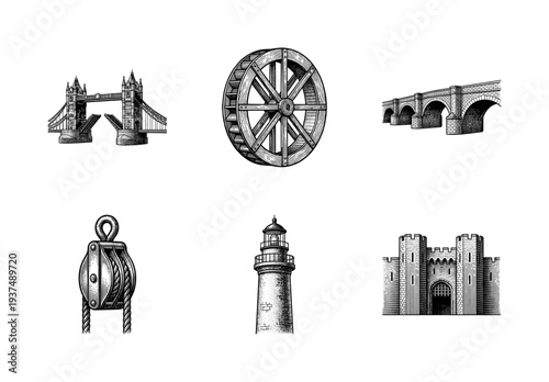 Vintage woodcut style collection of architectural landmarks and industrial engineering elements featuring bridges waterwheel pulley and lighthouse