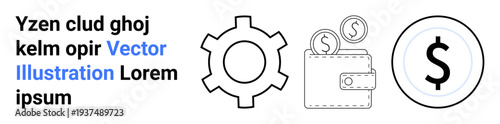Gear, wallet with coins, dollar sign symbolizing financial growth, investment, technology. Ideal for business, economy, banking, startups innovation savings simple landing page