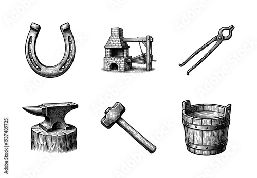 Set of vintage blacksmith tools and equipment illustrations in a classic woodcut engraving style including anvil hammer and forge