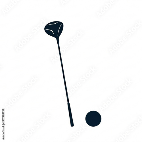 Minimalist silhouette of a golf driver club and golf ball on white background