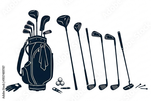 Complete golf equipment set silhouette including bag, clubs, balls, and accessories