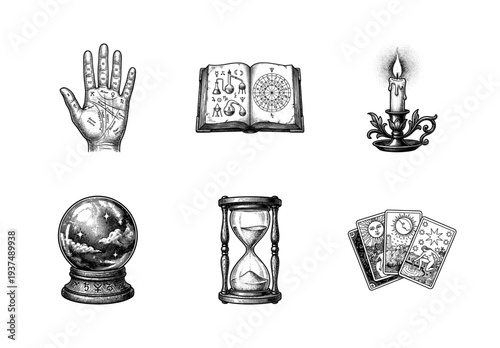 Set of occult and mystical icons in vintage woodcut style featuring palmistry hand, alchemical book, candle, crystal ball, hourglass, and tarot cards