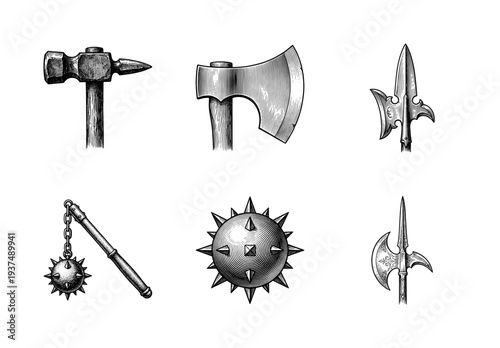 Collection of medieval cold weapons and battle gear icons in vintage woodcut engraving style including mace axe and halberd