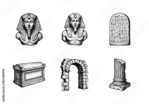 Set of ancient Egyptian and classical architectural line art illustrations featuring pharaoh busts, hieroglyphic tablet, sarcophagus, stone arch, and ruined column.