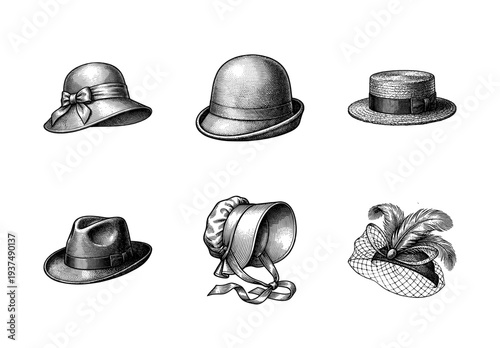 Vintage engraving collection of diverse headwear including fedora, cloche, boater, and bonnet styles in a classic black and white woodcut illustration.