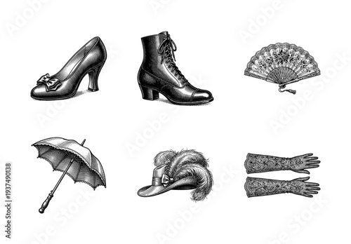 Vintage collection of Victorian era fashion accessories featuring engraved illustrations of shoes, hats, and feminine attire in a classic woodcut style.